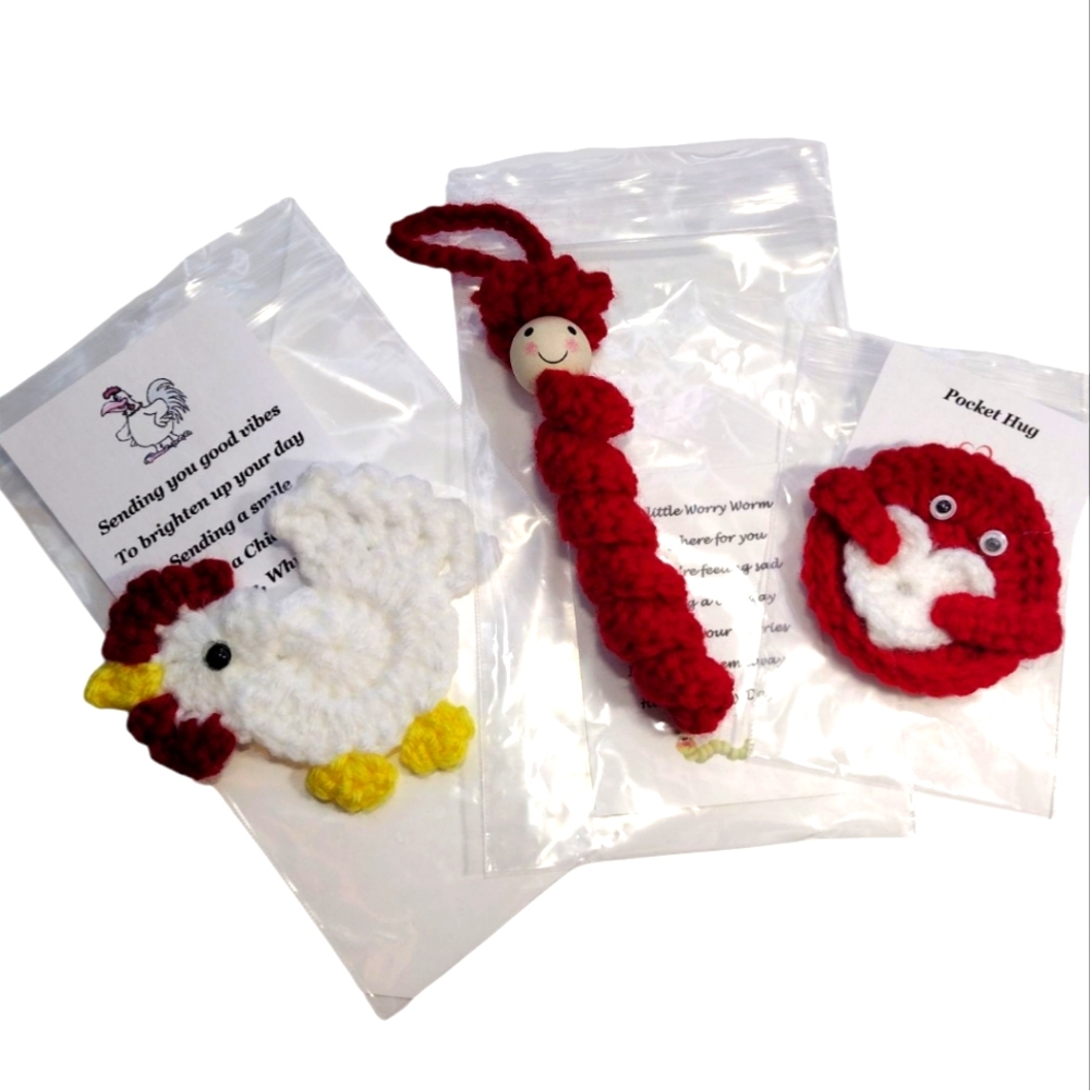 Handcrafted Worry Worm, Good Vibes Chicken & Pocket Hug Fidgets Set Of 3